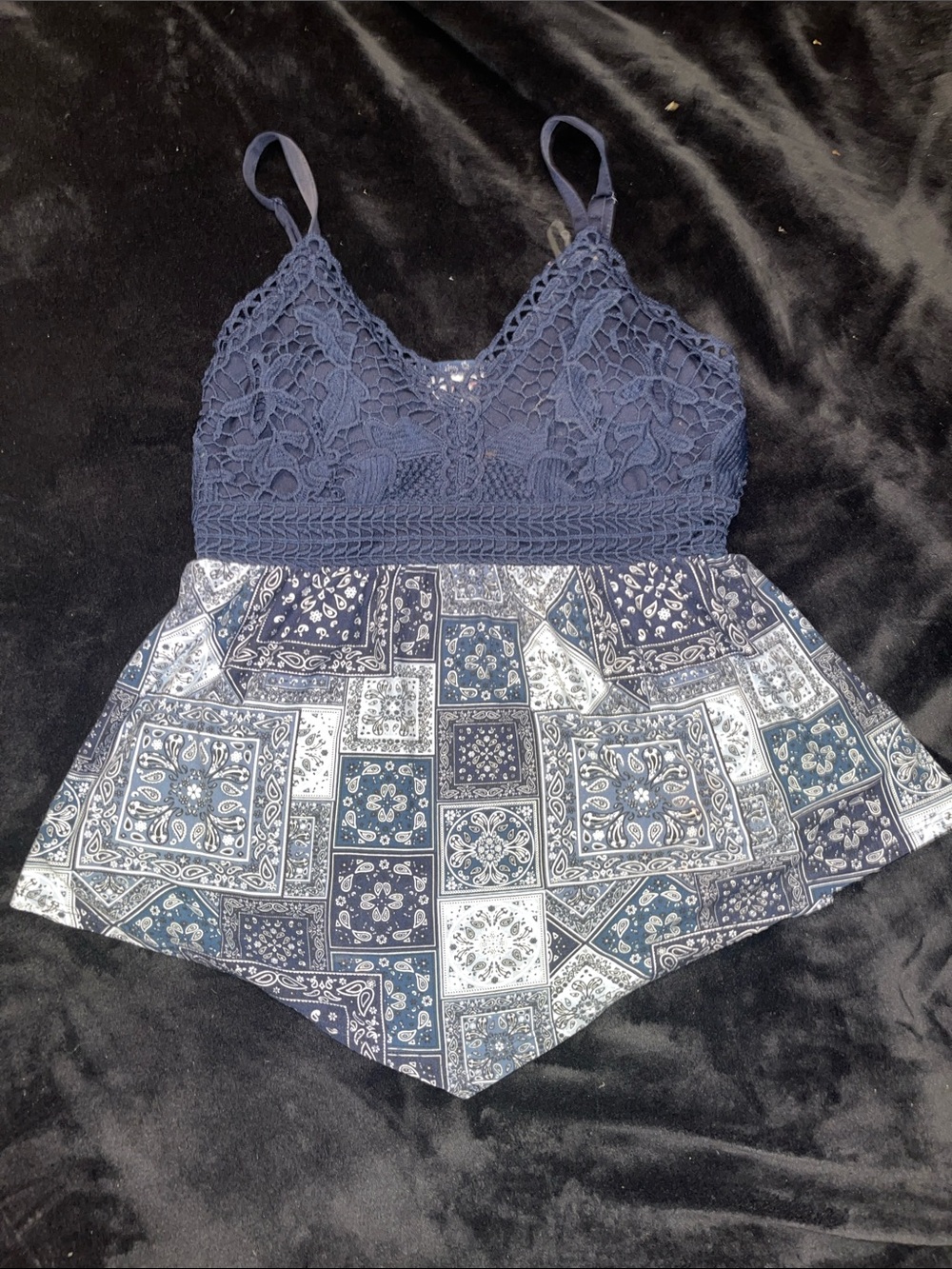 No Boundaries Navy Crochet Lace Camisole with Bandana Print